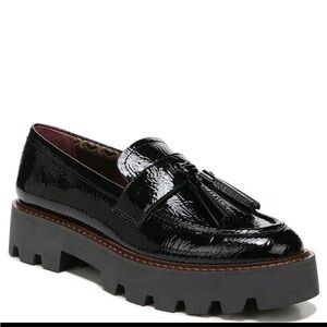 Franco Sarto Black Patent Tassel Lug Sole Loafers